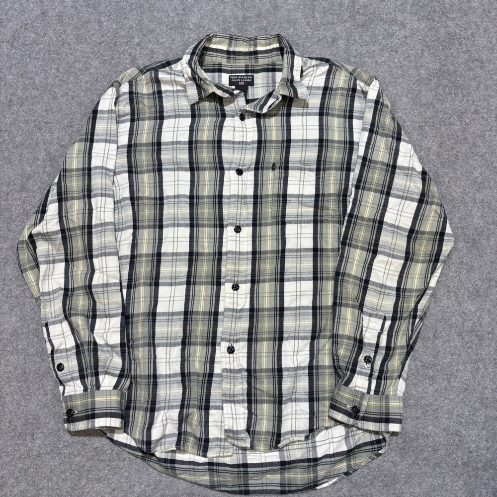 Polo Jeans Co Ralph Lauren Mens Large Plaid Button Down Shirt Grey Black Yellow